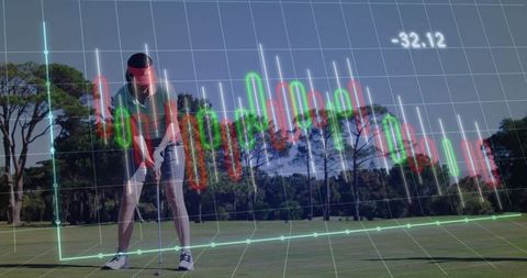 Golfer Preparing Putt with Financial Chart Overlay on Green