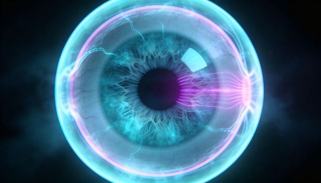 Glowing neon cyber eye with holographic iris and futuristic digital sphere