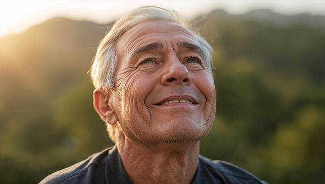 Senior man smiling and looking upward on sunlit forest hillside during golden hour