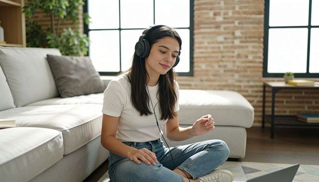 Young woman working remotely with headphones in cozy loft living room using laptop