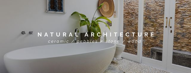 Modern bathroom focusing on sustainable materials and natural design elements. Highlights a minimalist bath, toilet, and decor items like pebbles and wooden features. Ideal for promoting eco-friendly home designs, interior design concepts, and natural lifestyle articles.