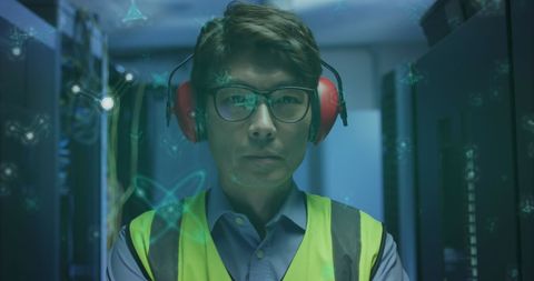 Engineer in Server Room with Digital Molecular Structures