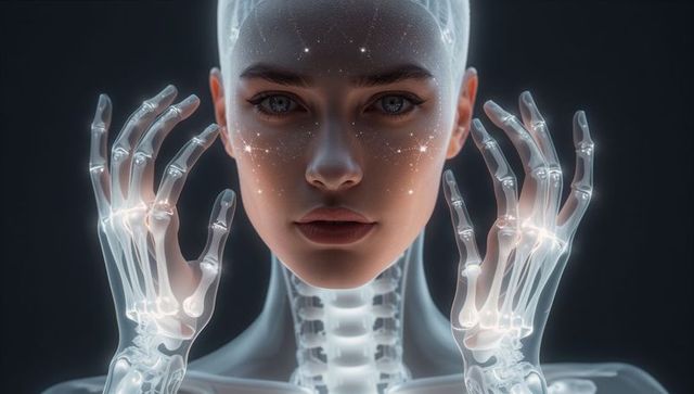 Futuristic female-present portrait with translucent x-ray skull and glowing skeletal hands