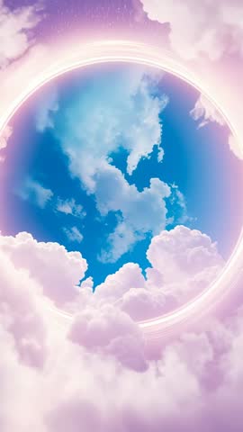 Emerging Neon Ring Pulsing Through Lavender Clouds Revealing Vivid Blue Sky Loop