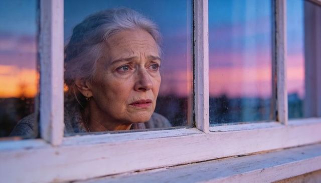 Elderly woman gazing through wooden window at twilight, contemplative sunset portrait