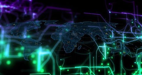 Futuristic Digital World Map with Glowing Circuitry