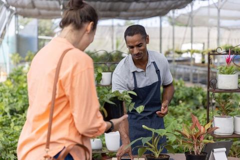 Nursery worker helping customer choose potted plant in greenhouse retail counter with tablet