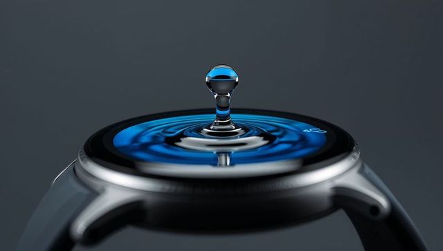 Smartwatch display reflecting blue water droplet creating concentric ripples on metal bezel