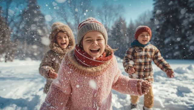 Joyful children playing in snowy winter wonderland