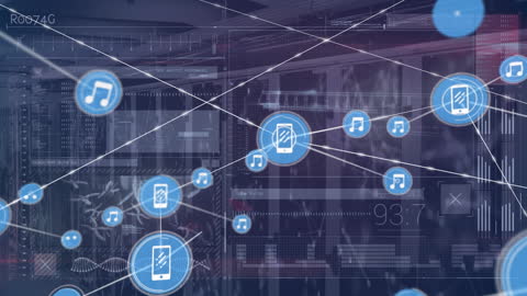 Digital Technology Network with Music and Connectivity Icons