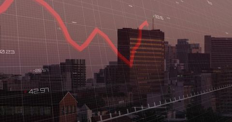 Urban skyline showing red jagged stock chart overlay at twilight indicating market rebound