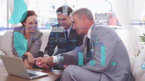 Diverse Business Meeting with Financial Data Overlays in Office Setting