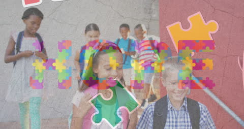 Diverse Children Walk with Hope and Puzzle Overlays for Autism Awareness