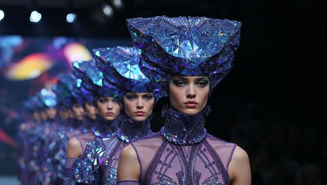 Fashion models in futuristic runway show with geometric headpieces