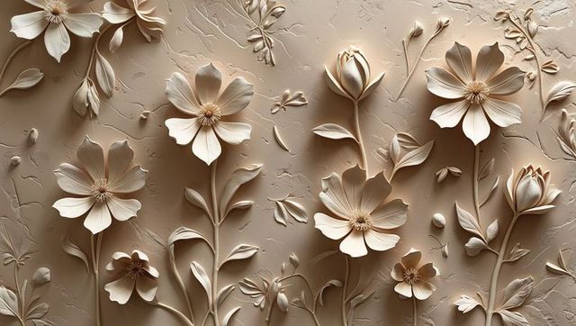 Beige floral relief sculpture on textured wall