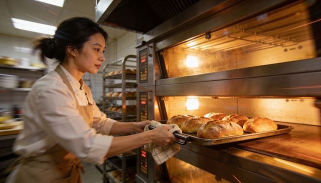 Asian baker removing freshly baked artisan bread from commercial oven in busy kitchen