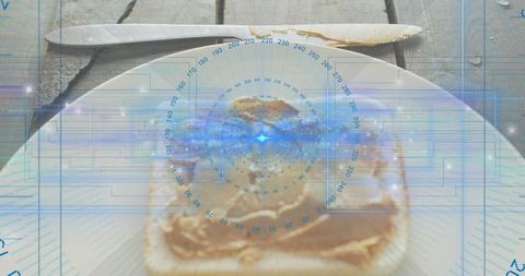 Rustic toast with spread on white plate and futuristic blue hud overlay