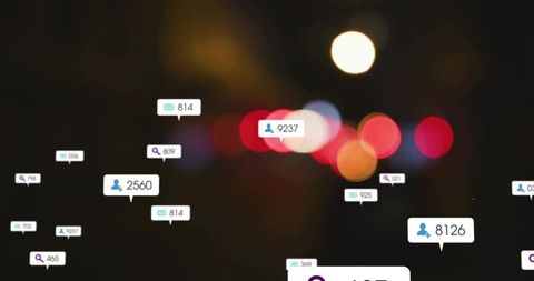 Floating social notification badges over night bokeh lights for digital engagement