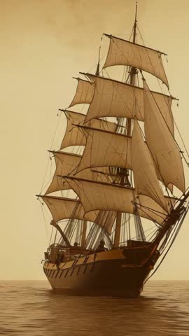 Gliding Three-Masted Tall Ship with Billowing Sails across Calm Ocean Vertical Video
