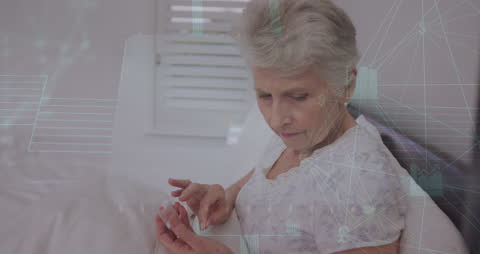 Senior Woman Analyzing Medication with Digital Interface Overlay