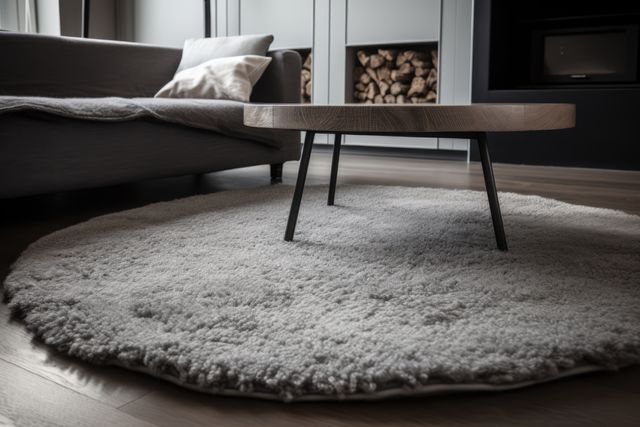 Grey round fluffy rug on floor in living room, created using generative ai technology. House interior design, decorations and textile concept digitally generated image.