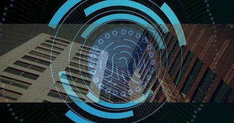 Futuristic Fingerprint Interface Amid Urban Architecture