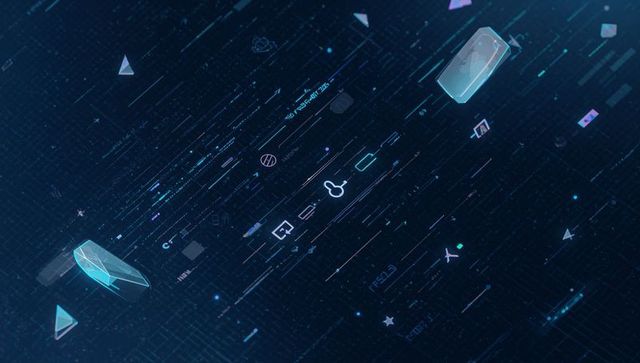 Futuristic holographic data stream with neon ui elements, mobile lock prism visualization