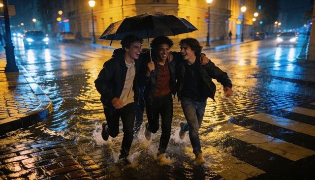 Three friends running through flooded cobblestone street under umbrella at night