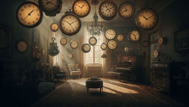 Nostalgic vintage clock cluster in elegant historic parlor