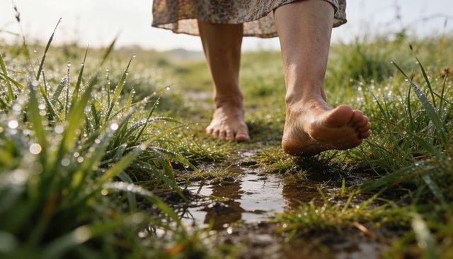 Barefoot woman walking dewy meadow path at dawn with floral skirt and wet grass