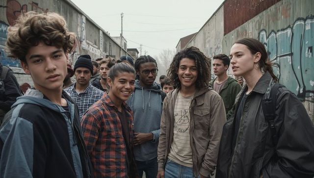Urban teens gathering in graffiti alley wearing hoodies backpacks diverse street crew youth