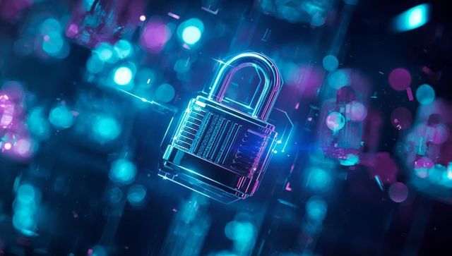 Secure digital network with floating neon padlock symbol