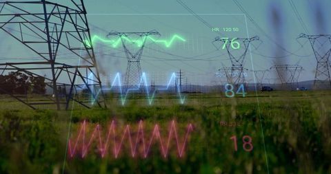 Power Lines In Grassland With Digital Monitoring Overlay