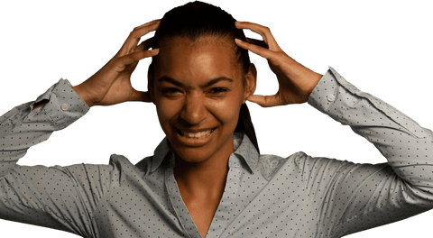 African American Woman Holding Head Smiling on Transparent Background