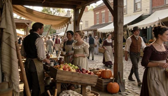 Historic market on cobblestone street with shopper holding bowl and crates of apples