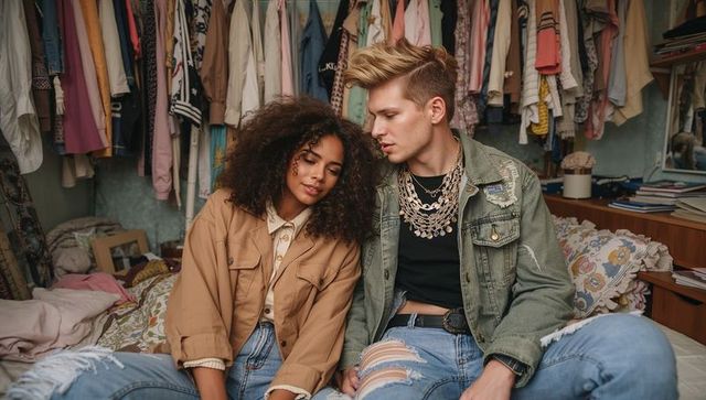Casual couple embrace in cozy bedroom with fashion display