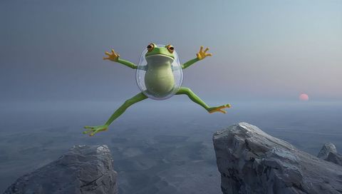 Leaping green tree frog in clear bubble jumping across rocky canyon gap at soft dawn light