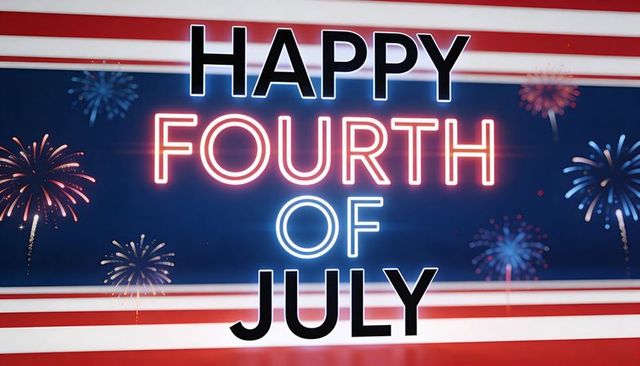 Glowing neon happy fourth of july banner with fireworks and glossy patriotic floor backdrop