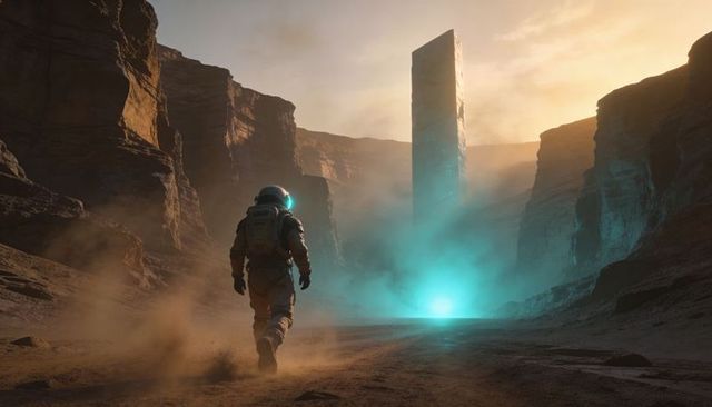 Spacesuit explorer walking toward glowing cyan monolith in alien canyon at sunset