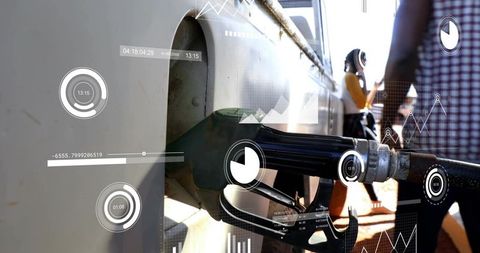 Smart fuel pump monitoring with digital hud analytics and black nozzle at forecourt
