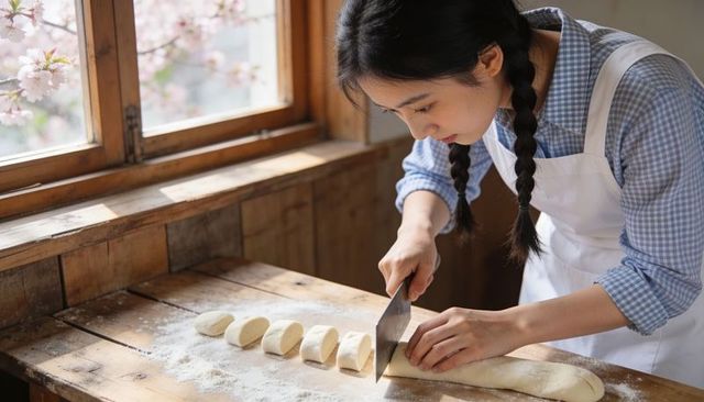 Young woman slicing dough with cleaver by sunlit mullioned window in rustic kitchen