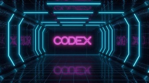 Futuristic glow codex in neon corridor, futuristic cyberpunk theme