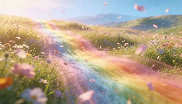 Iridescent rainbow stream flowing through sunlit wildflower meadow with glinting petals