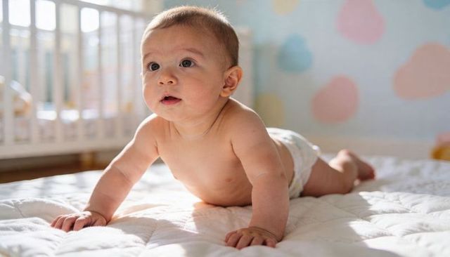 Curious baby doing tummy time raising head on quilted bedspread in sunlit nursery