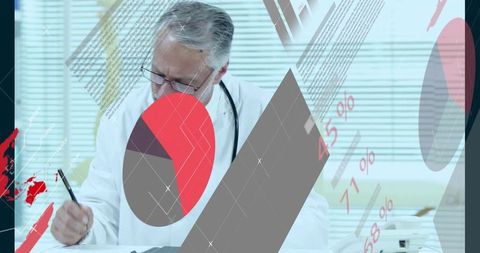 Senior physician reviewing clinical data and writing patient notes with charts overlay