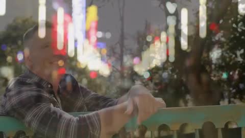 Urban Dreamscape: Neon Reflections and Calm Smiles