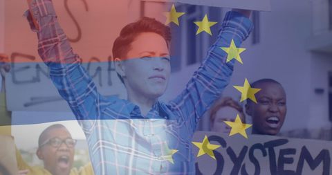 Diverse Protesters Holding Signs with Dutch and EU Flags Overlay