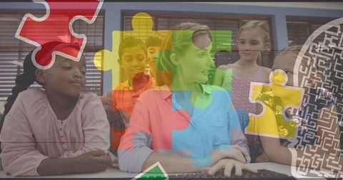 Diverse students learning about cooperation and puzzle concepts