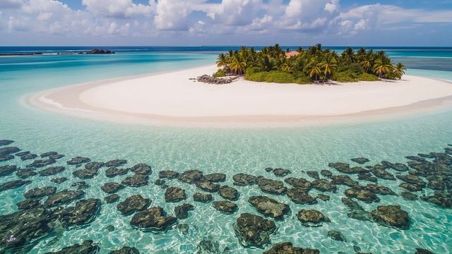 Tropical Islet with White Sand and Palm Trees in Clear Lagoon