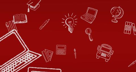 White education icons on red background representing learning concepts